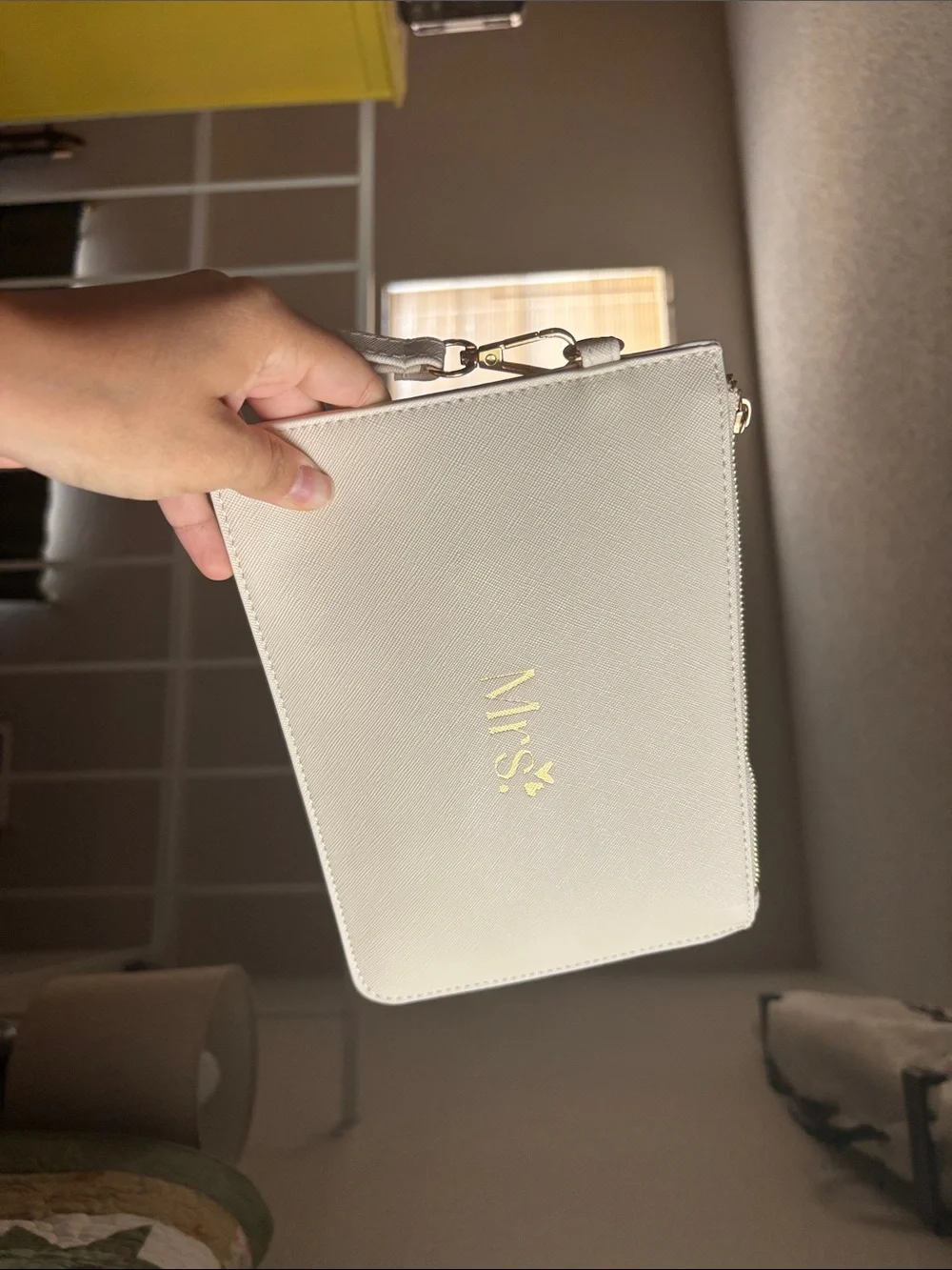Mrs. White Wristlet Clutch Bag with Gold Logo